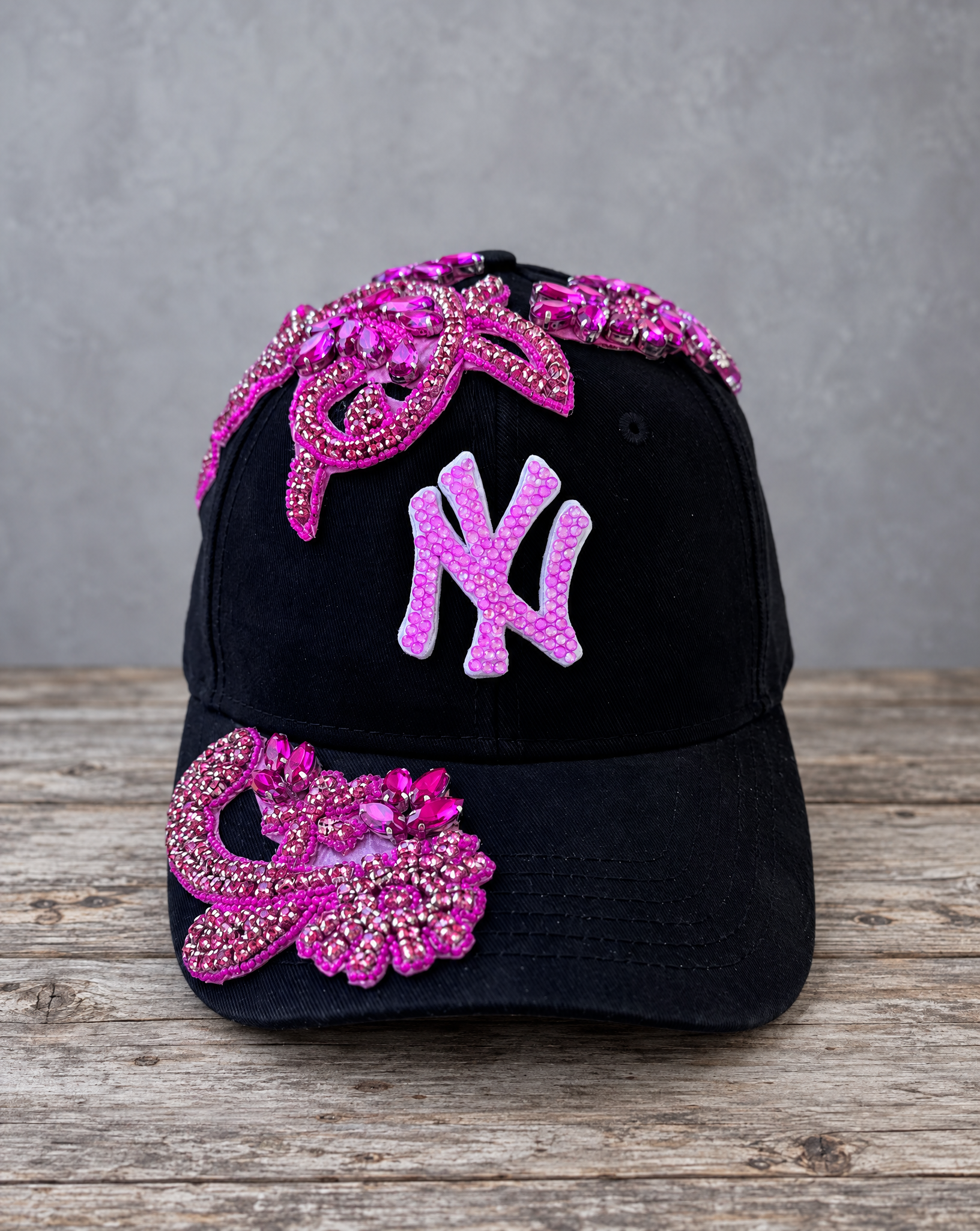 Pink Crystal Appliqué Black New York Hat with hand-applied crystal design
