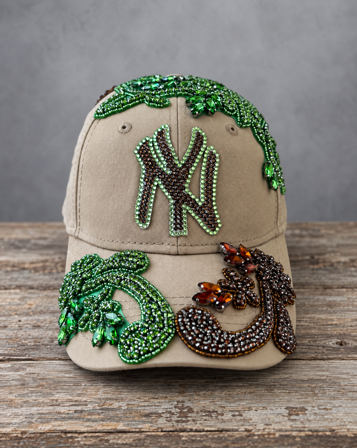 Crystal Multicolor Appliqué Big New York Hat with hand-applied multicolor crystal design
