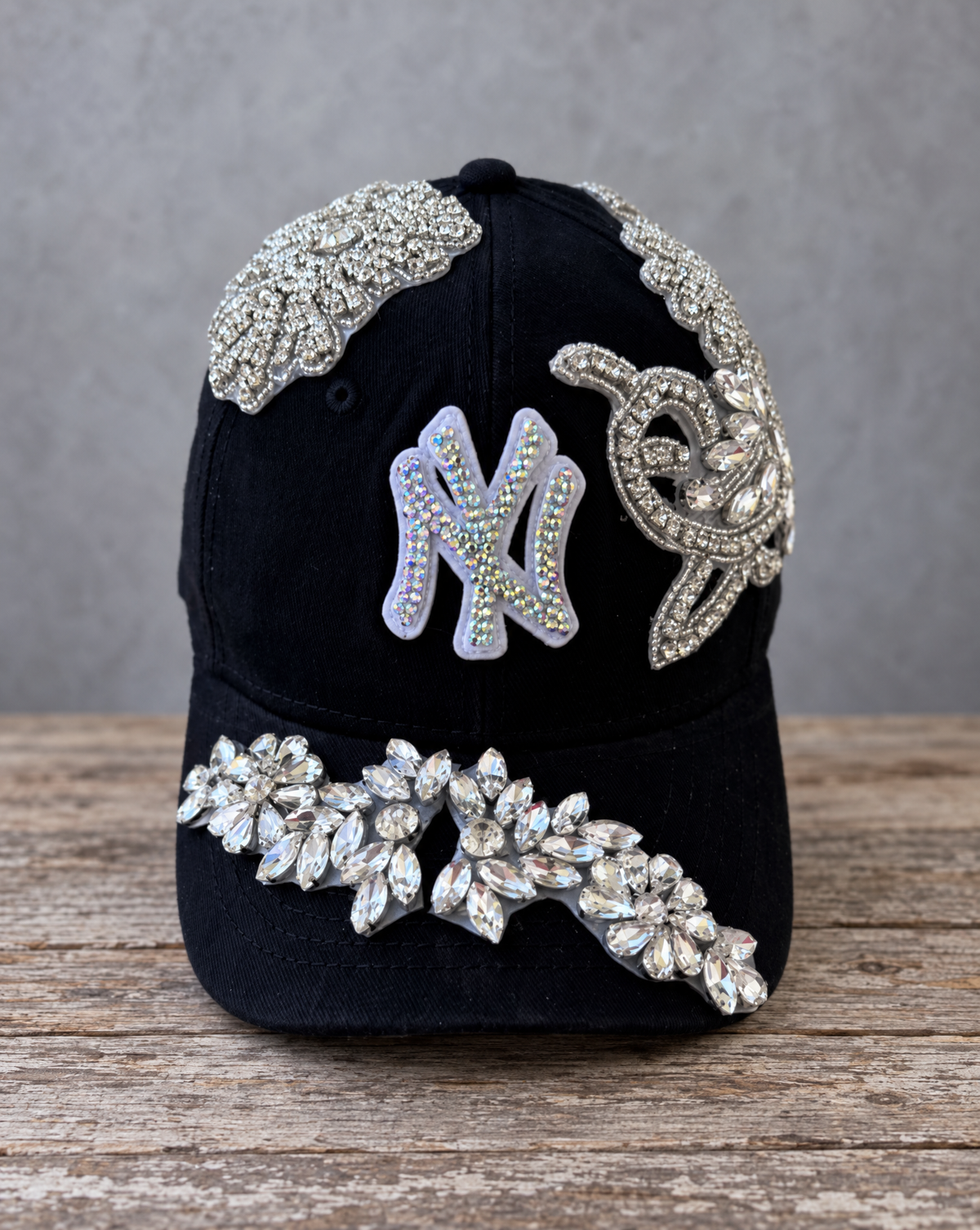 Luminous Silver Crystal Appliqué Black New York Hat with hand-applied crystal design