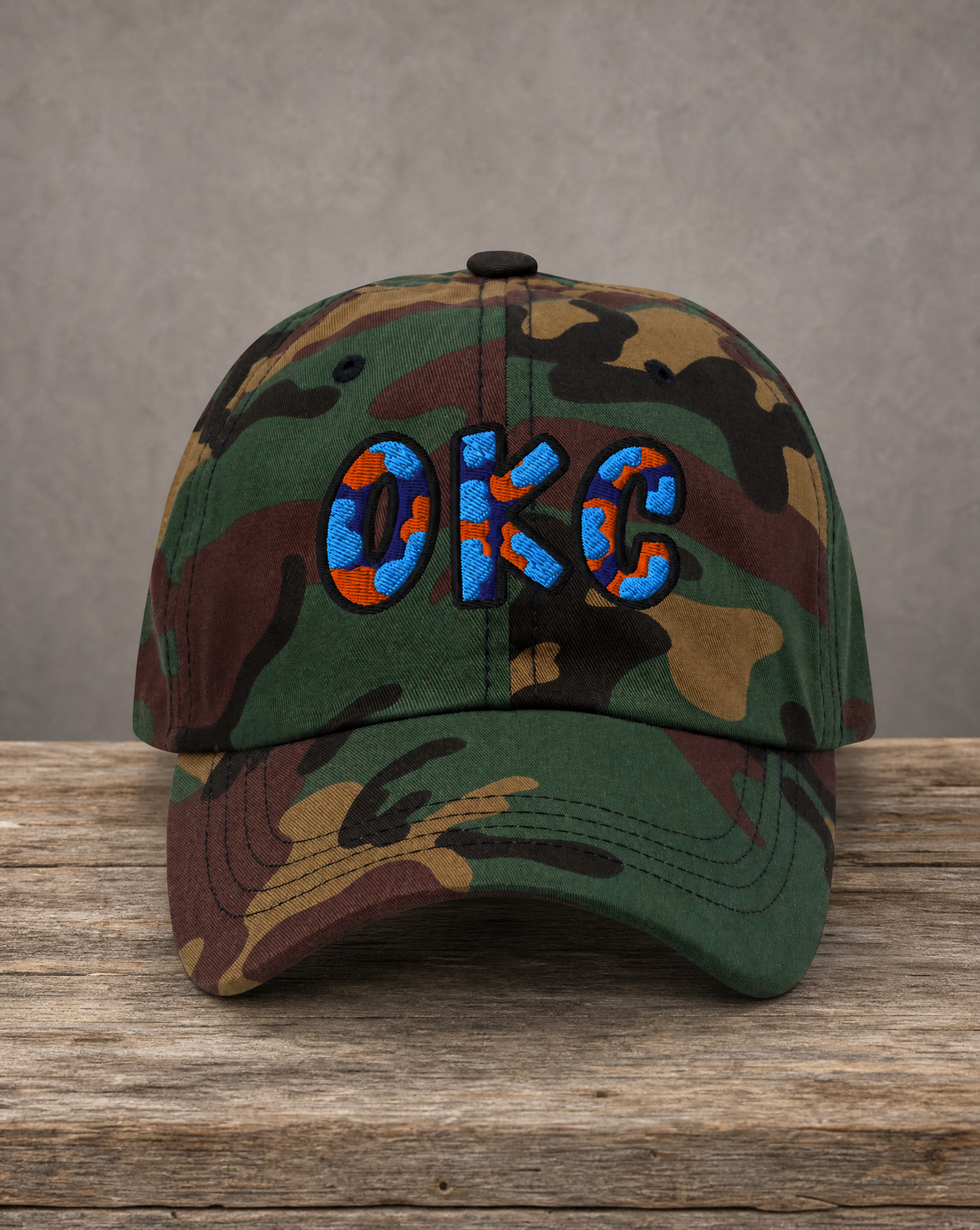 The City Collection OKC Basketball camo hat with oversized embroidered lettering