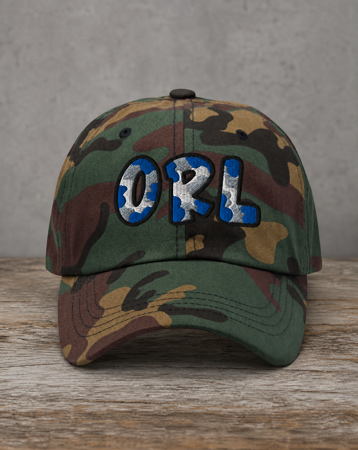 The City Collection ORL Basketball camo hat with oversized embroidered lettering