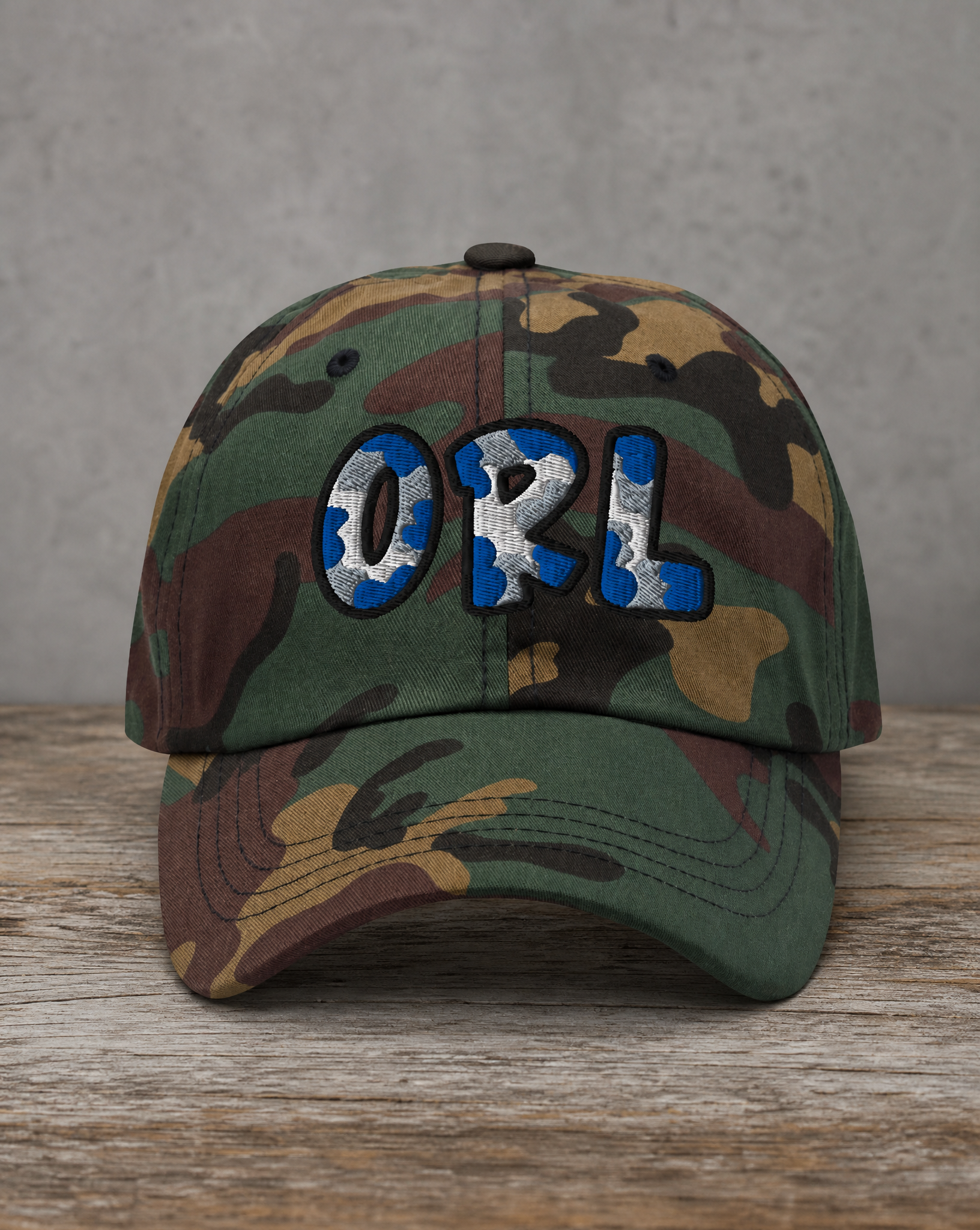 The City Collection ORL Basketball camo hat with oversized embroidered lettering
