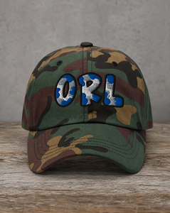 The City Collection ORL Basketball camo hat with oversized embroidered lettering