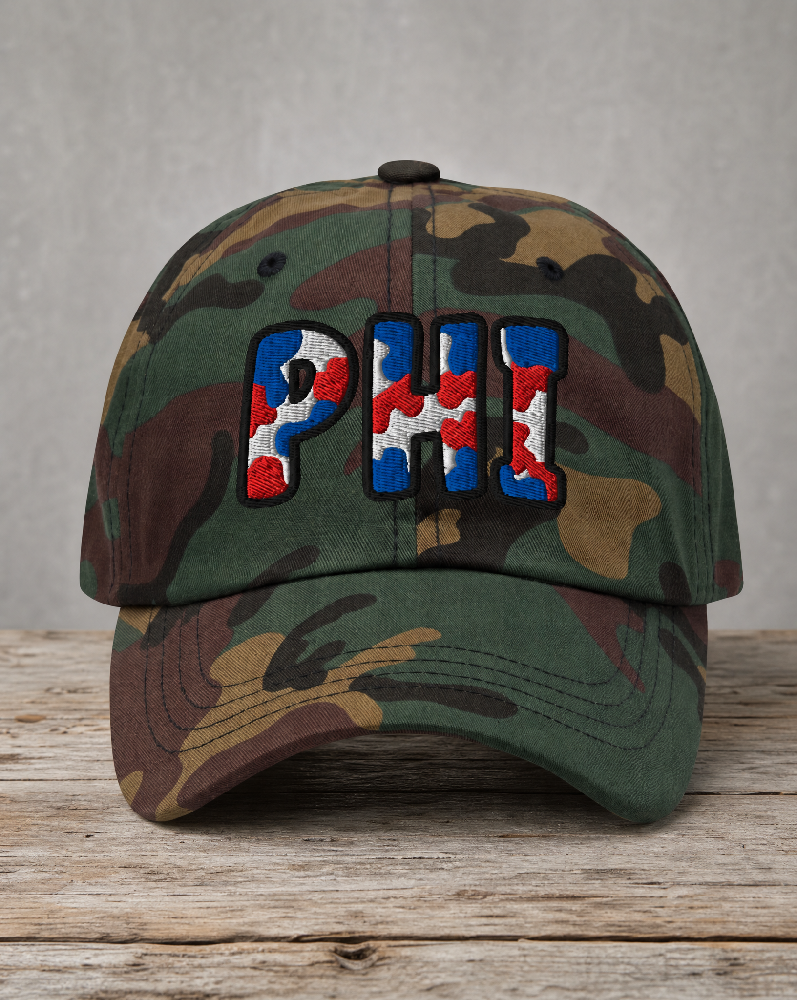 The City Collection PHI Basketball camo hat with oversized embroidered lettering