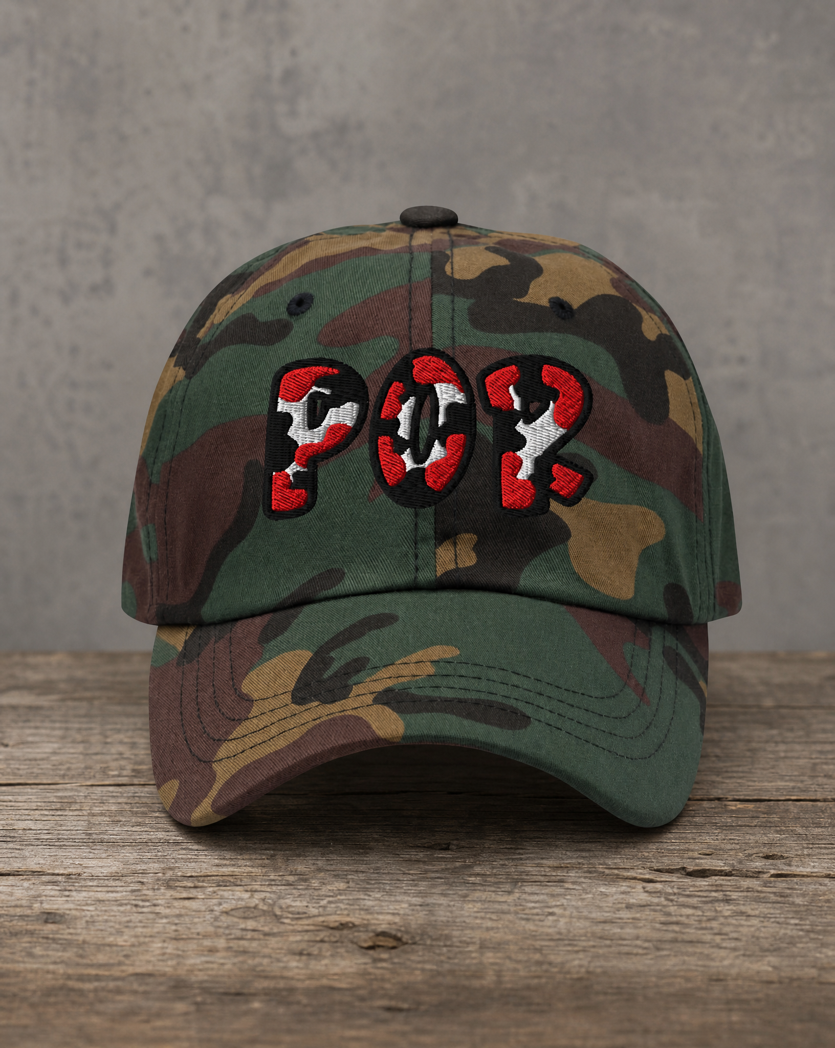 The City Collection POR Basketball camo hat with oversized embroidered lettering