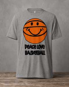 Peace Love Basketball graphic T-shirt featuring an original basketball-inspired design