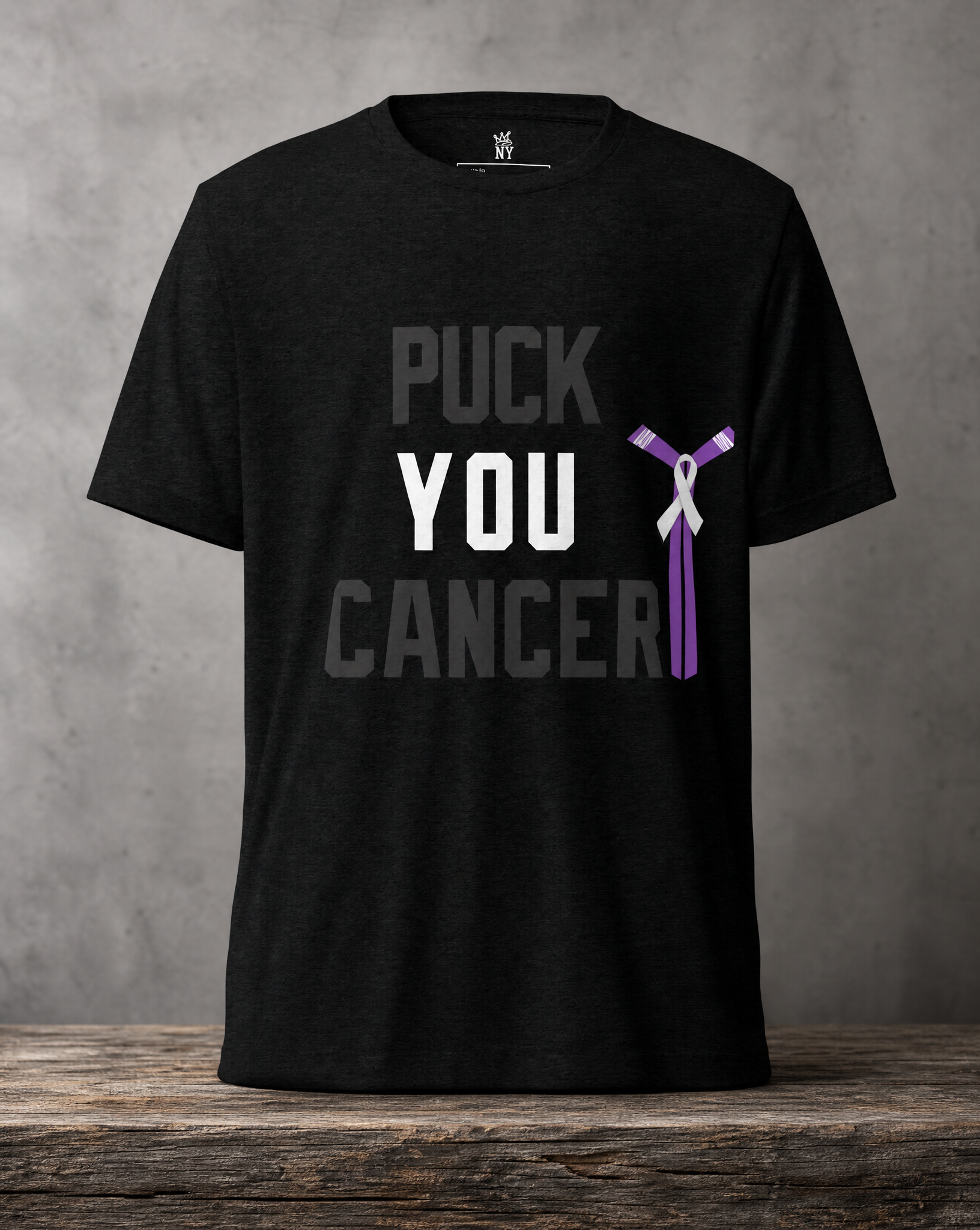 Front view of Puck You Cancer blackout hockey T-shirt with bold hockey-inspired artwork