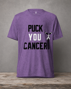 Front view of Puck You Cancer hockey T-shirt with bold hockey-inspired artwork
