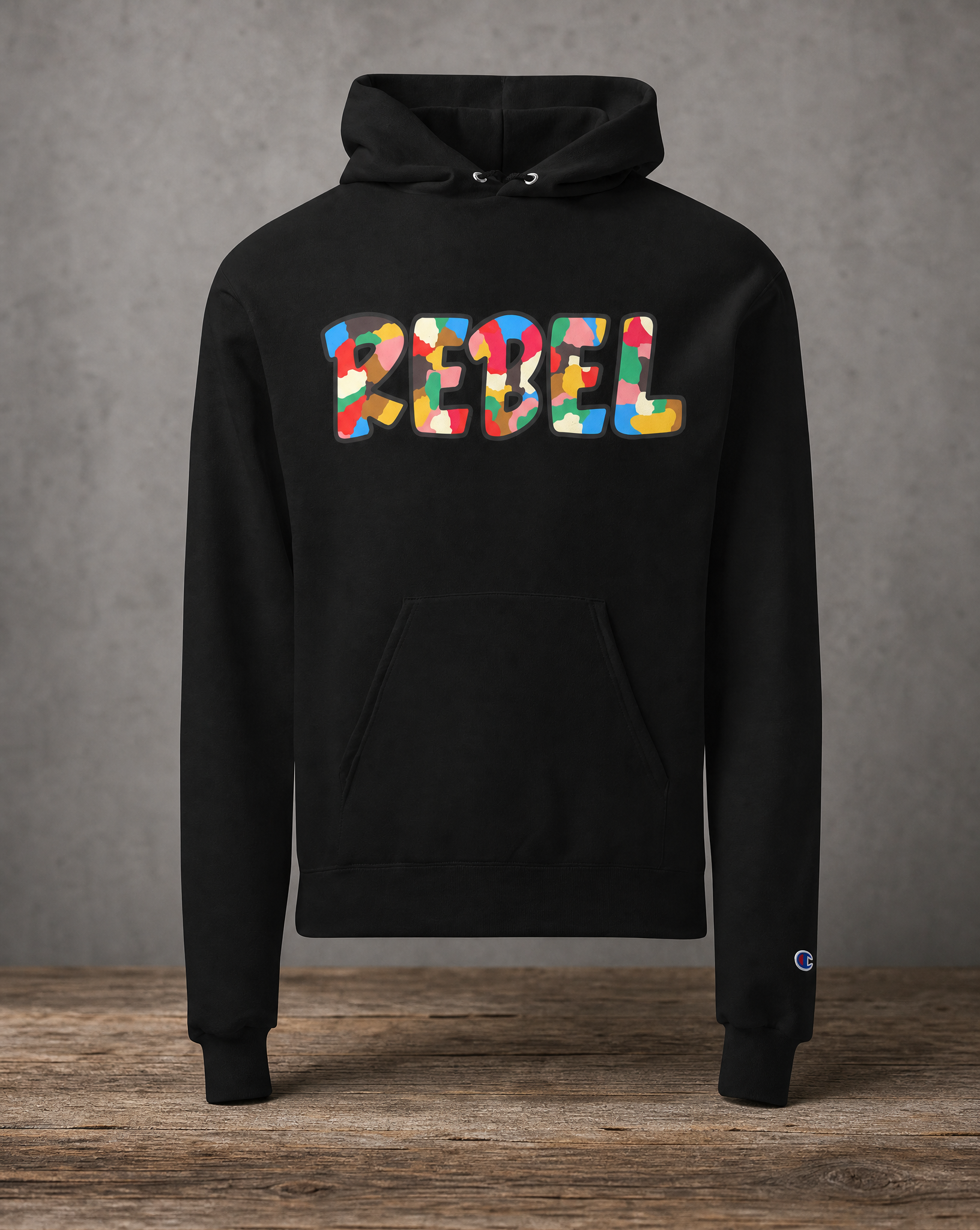 Rebel Champion hoodie featuring original Rebel streetwear artwork