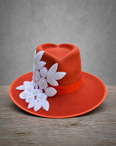 Orange fedora hat featuring a handcrafted crystal appliqué LOVE design