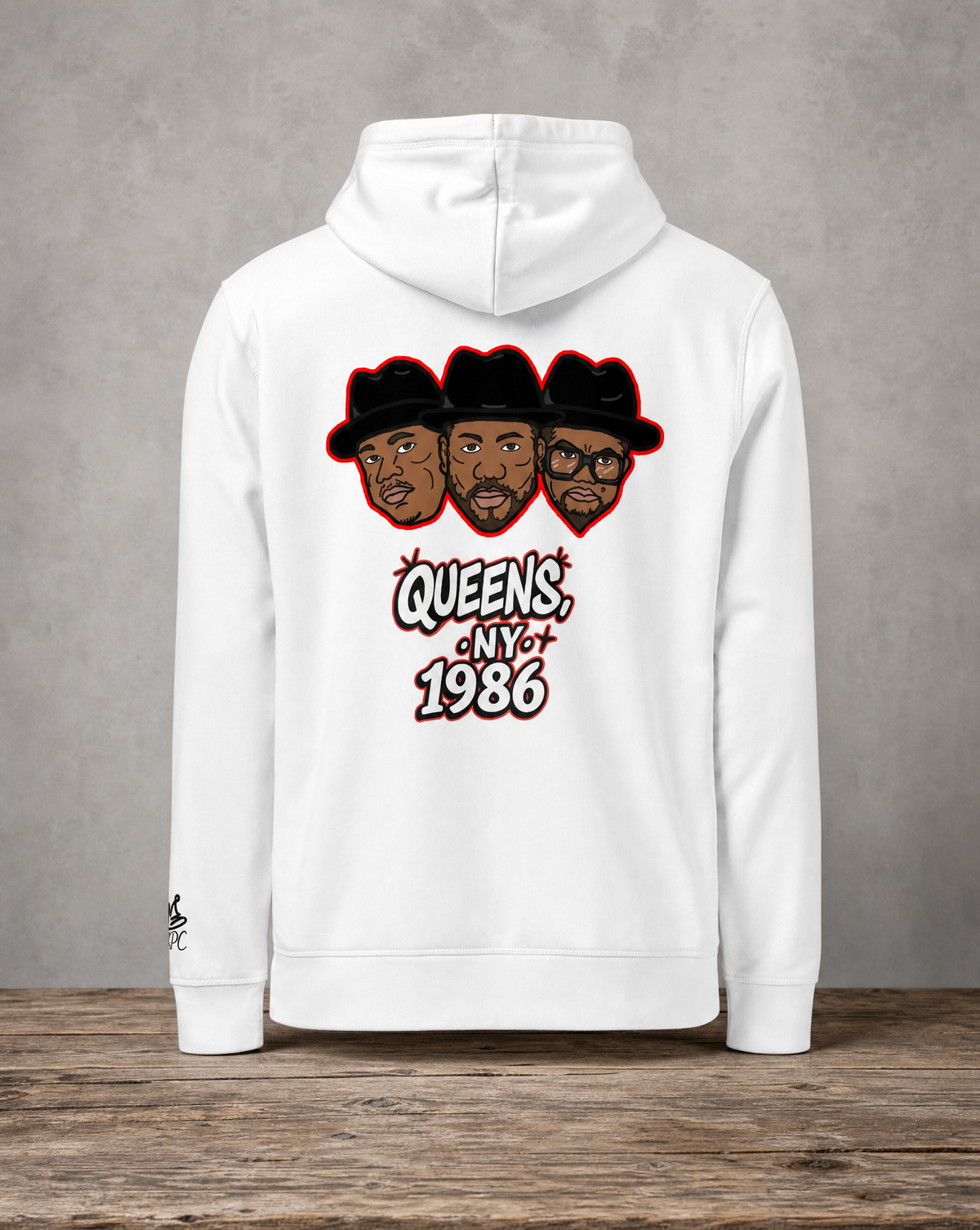 Run DMC Legends hoodie featuring original tribute artwork inspired by iconic hip-hop artists