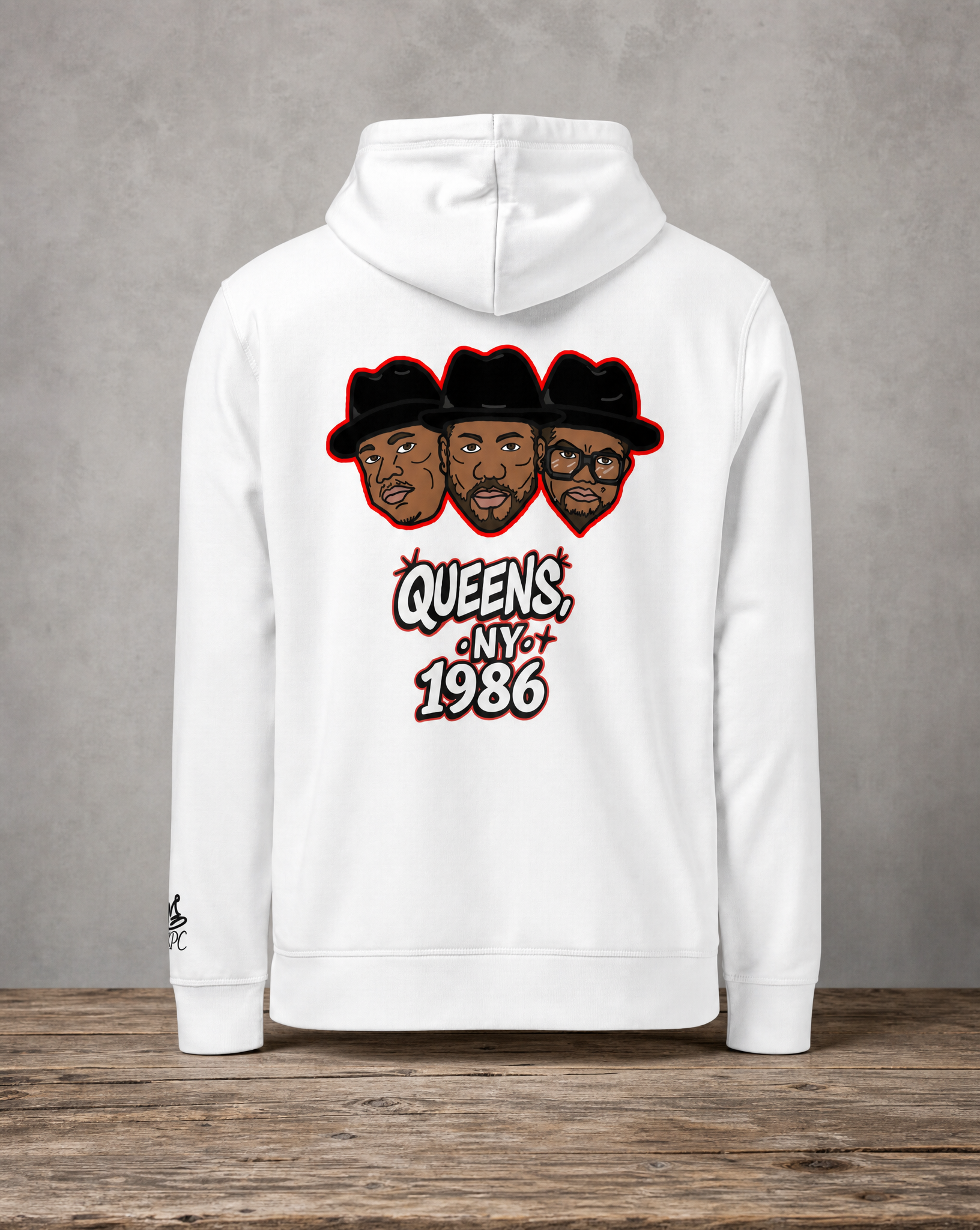 Run DMC Legends hoodie featuring original tribute artwork inspired by iconic hip-hop artists
