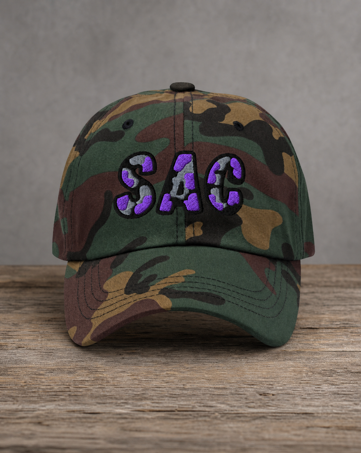 The City Collection SAC Basketball camo hat with oversized embroidered lettering