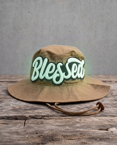 Blessed glow in the dark boonie hat with handcrafted patchwork design glowing