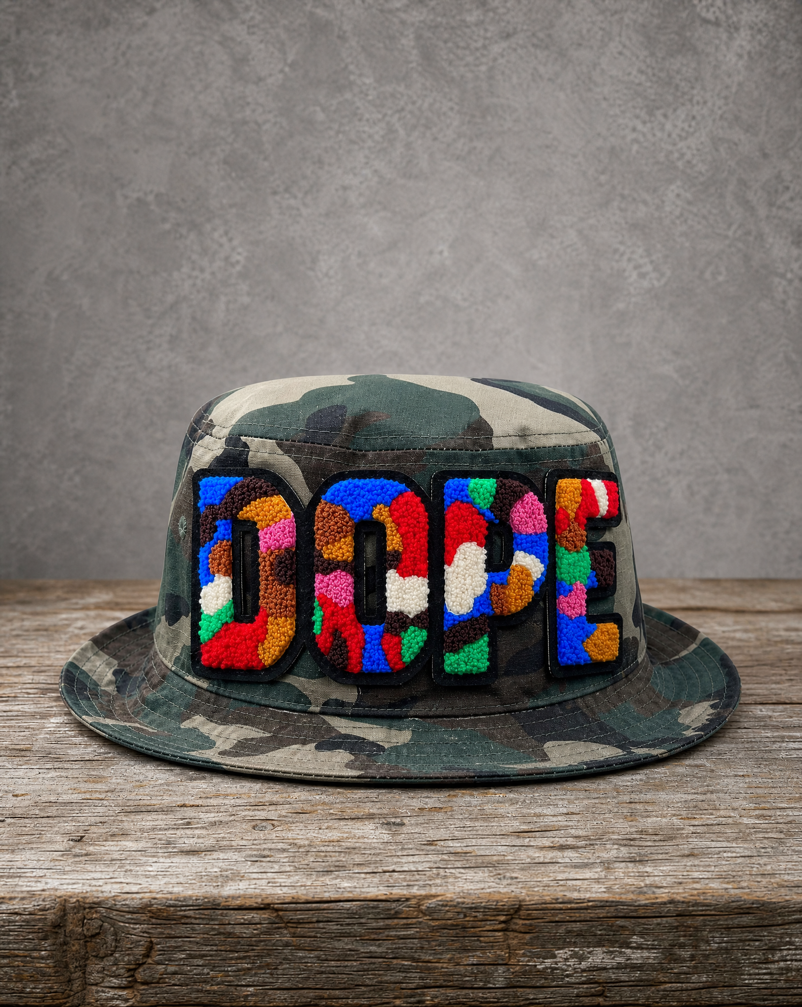 DOPE chenille camo unstructured bucket hat with handcrafted streetwear patch design