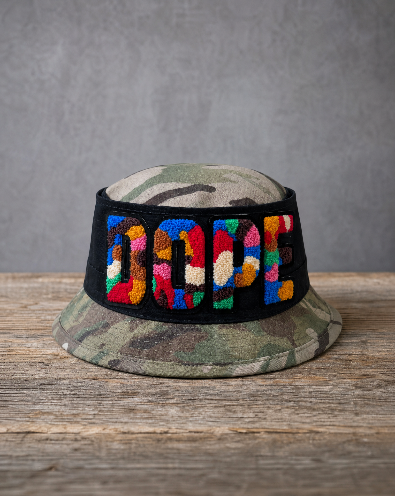 DOPE camo bucket hat with handcrafted patchwork design