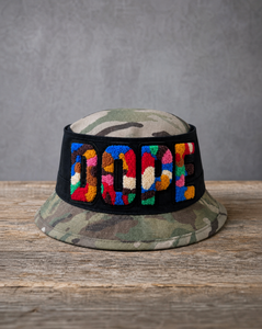 DOPE camo bucket hat with handcrafted patchwork design