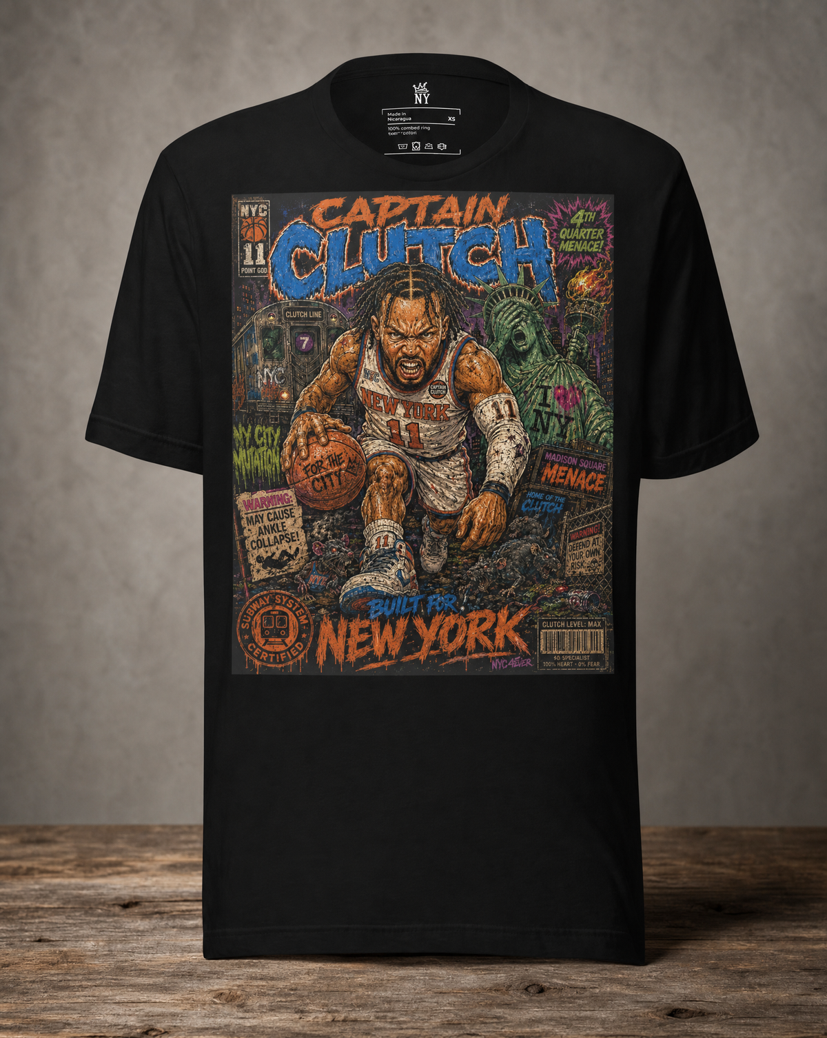 Front View Jalen Brunson Garbage Pail Ballers “Subway System Menace” Vintage Hardwood T-Shirt