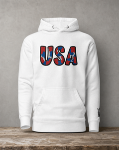 USA ice hockey patched hoodie with red, white, and blue embroidered details