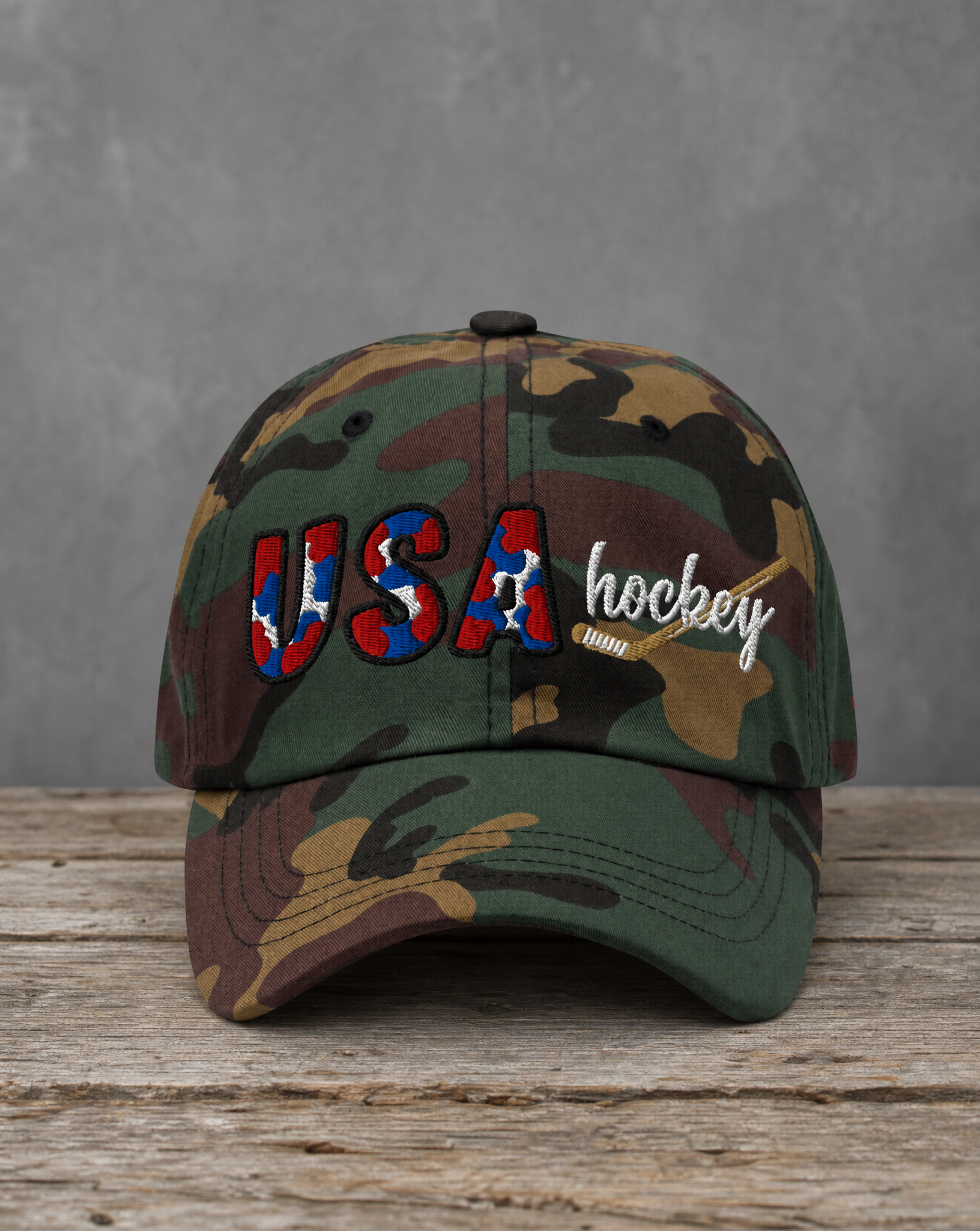 USA ice hockey camo patched hat with original embroidered details