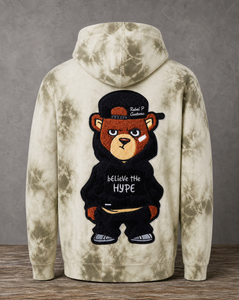 hoodie featuring a handcrafted chenille Believe the Hype patch