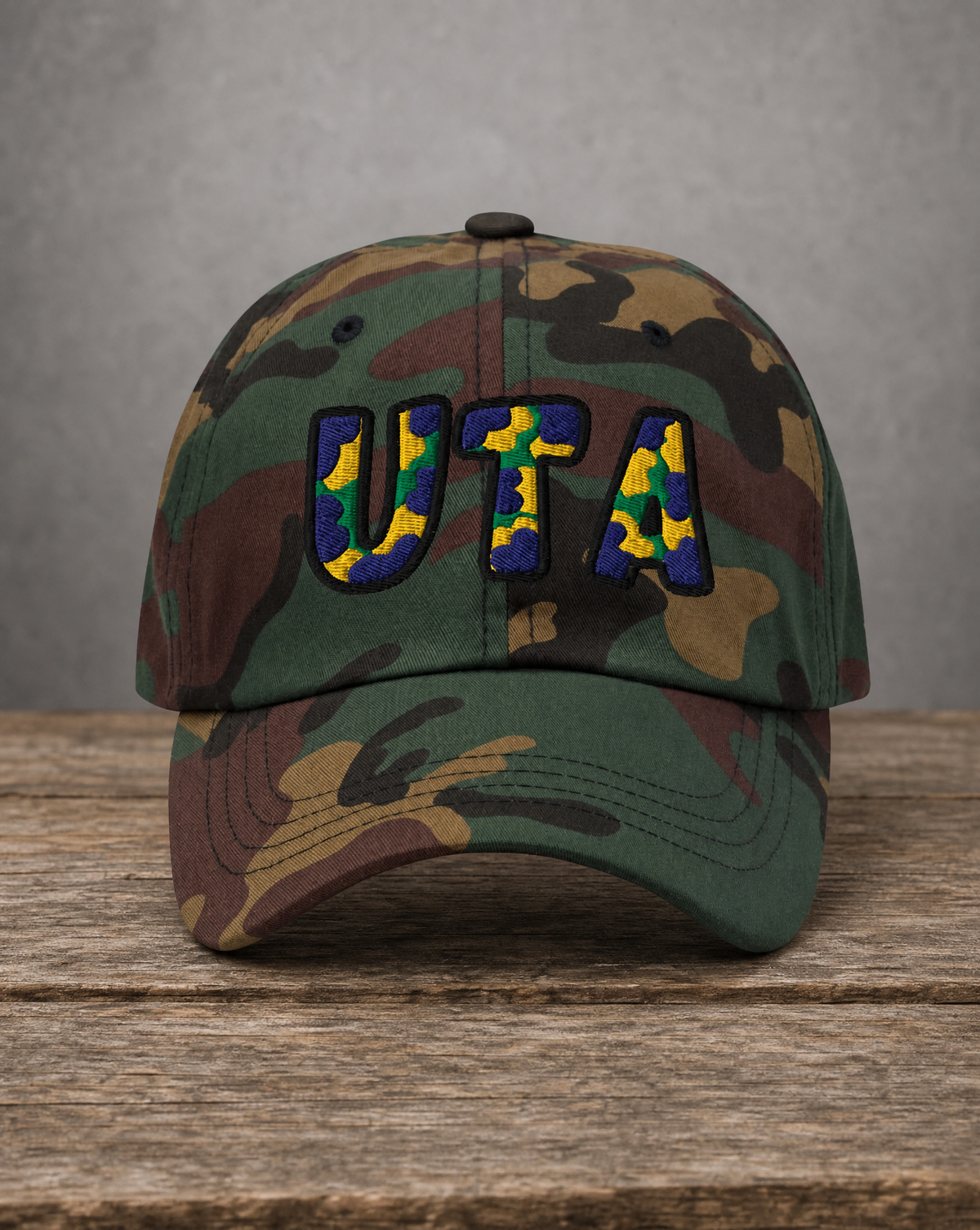 The City Collection UTA Basketball camo hat with oversized embroidered lettering
