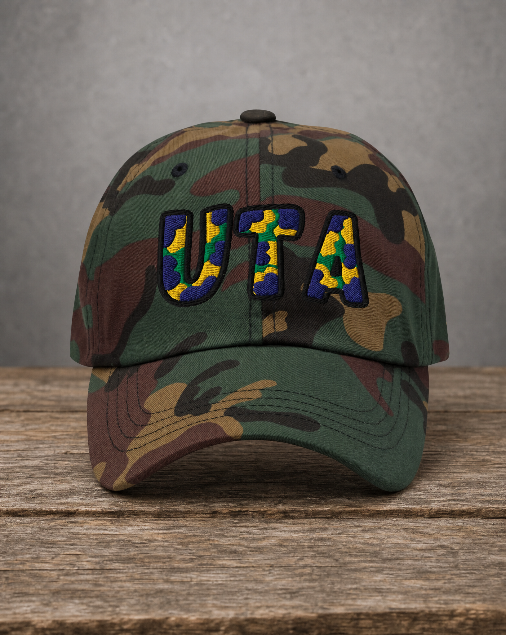 The City Collection UTA Basketball camo hat with oversized embroidered lettering