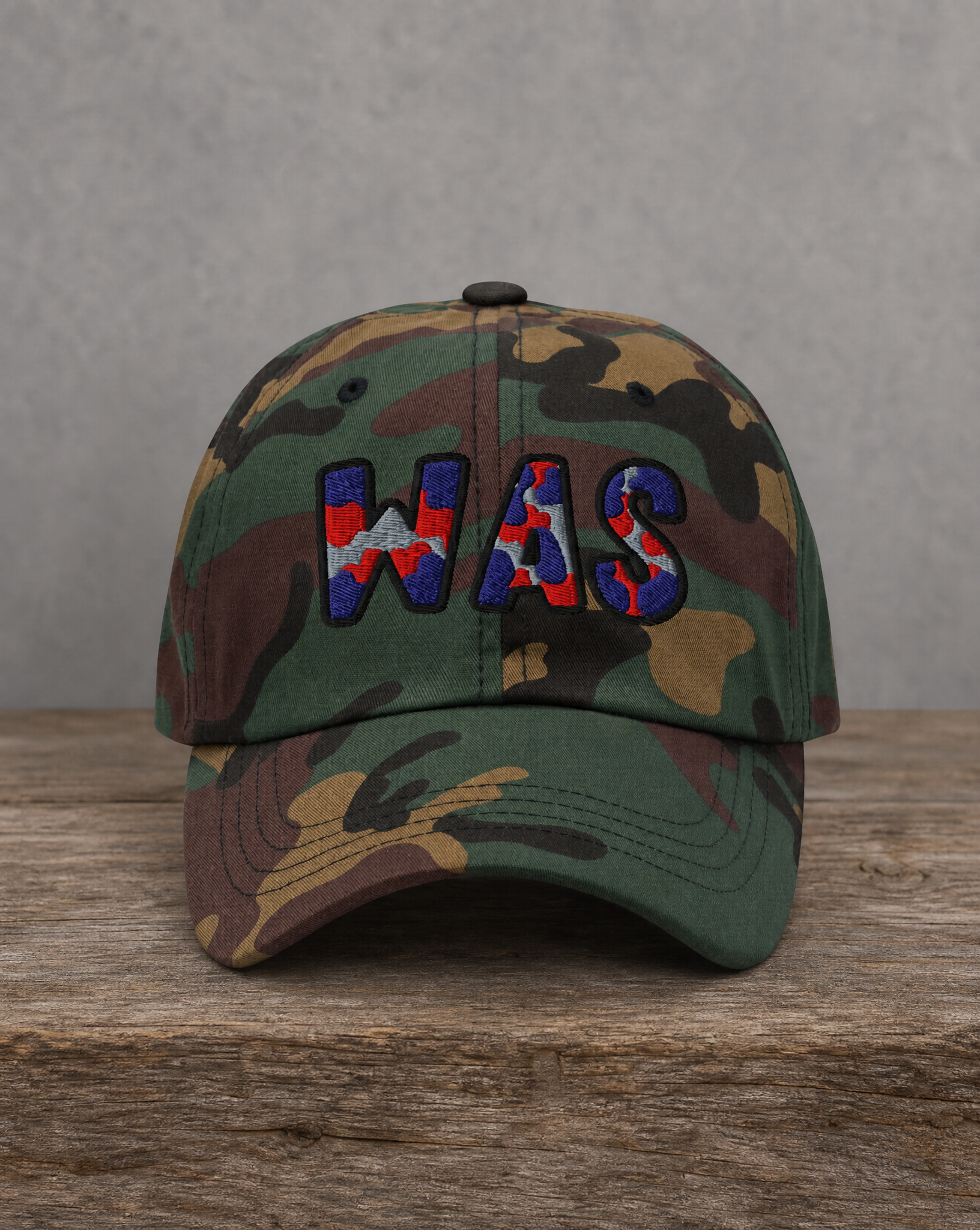 The City Collection WAS Basketball camo hat with oversized embroidered lettering