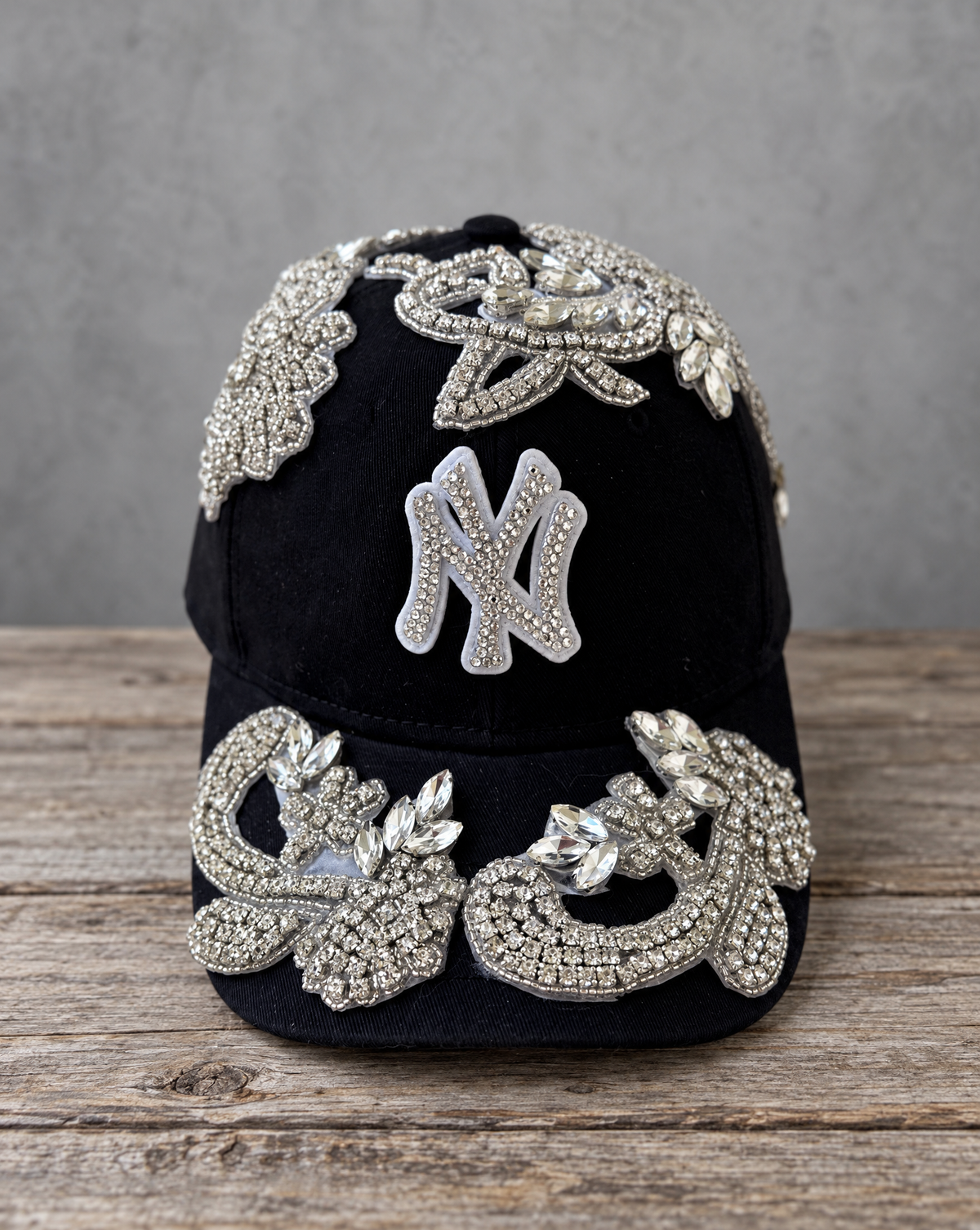 Silver Crystal Appliqué Black New York Hat with hand-applied silver crystal design
