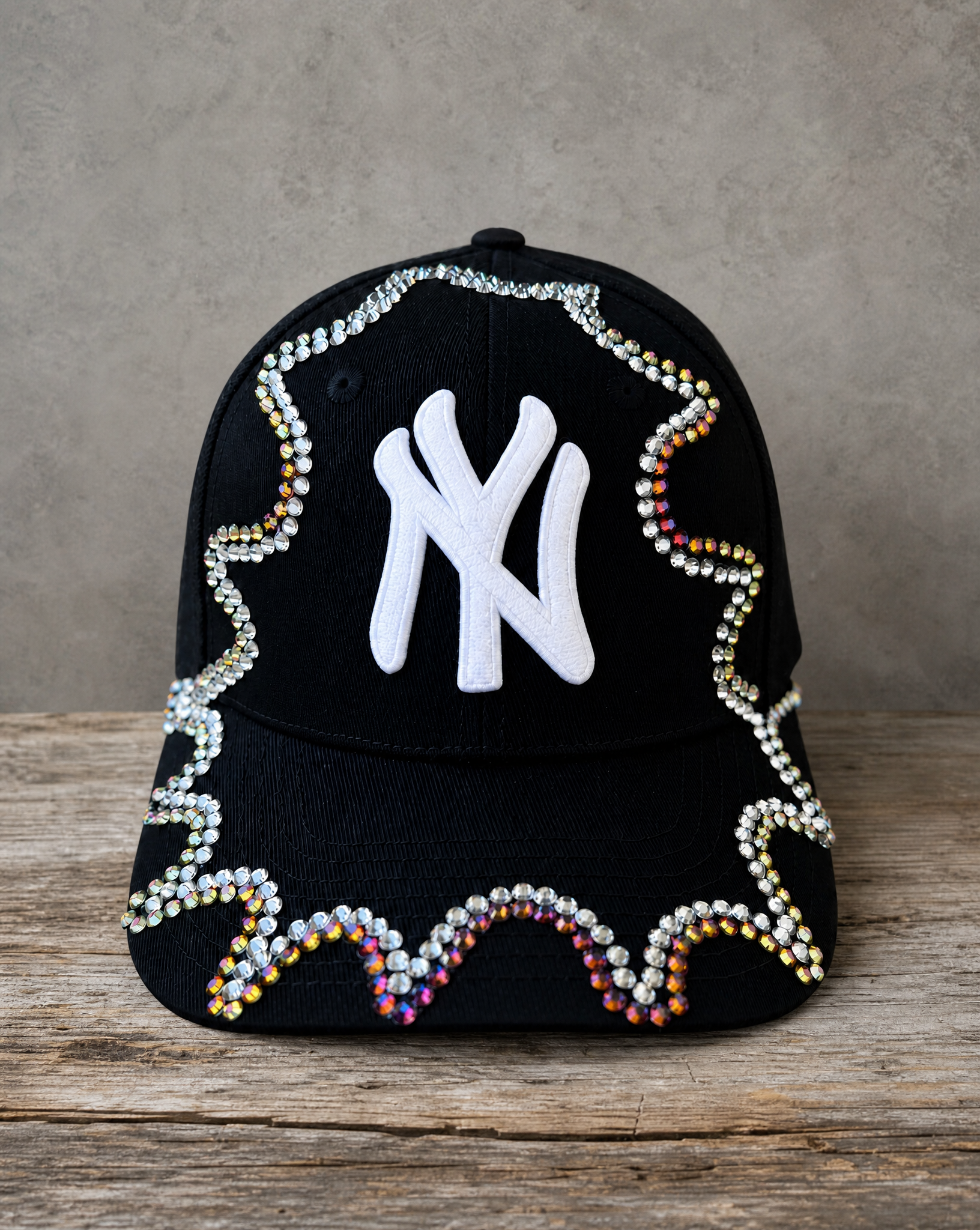 Black Chameleon Crystal Appliqué New York Hat with iridescent handcrafted crystal details