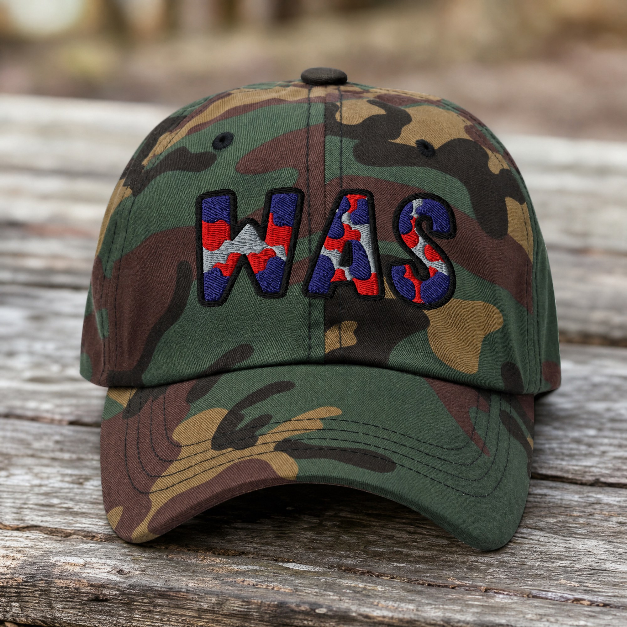 The City Collection WAS Basketball camo hat with oversized embroidered lettering