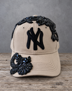 Black Crystal Appliqué Big New York Hat with hand-applied black crystal design