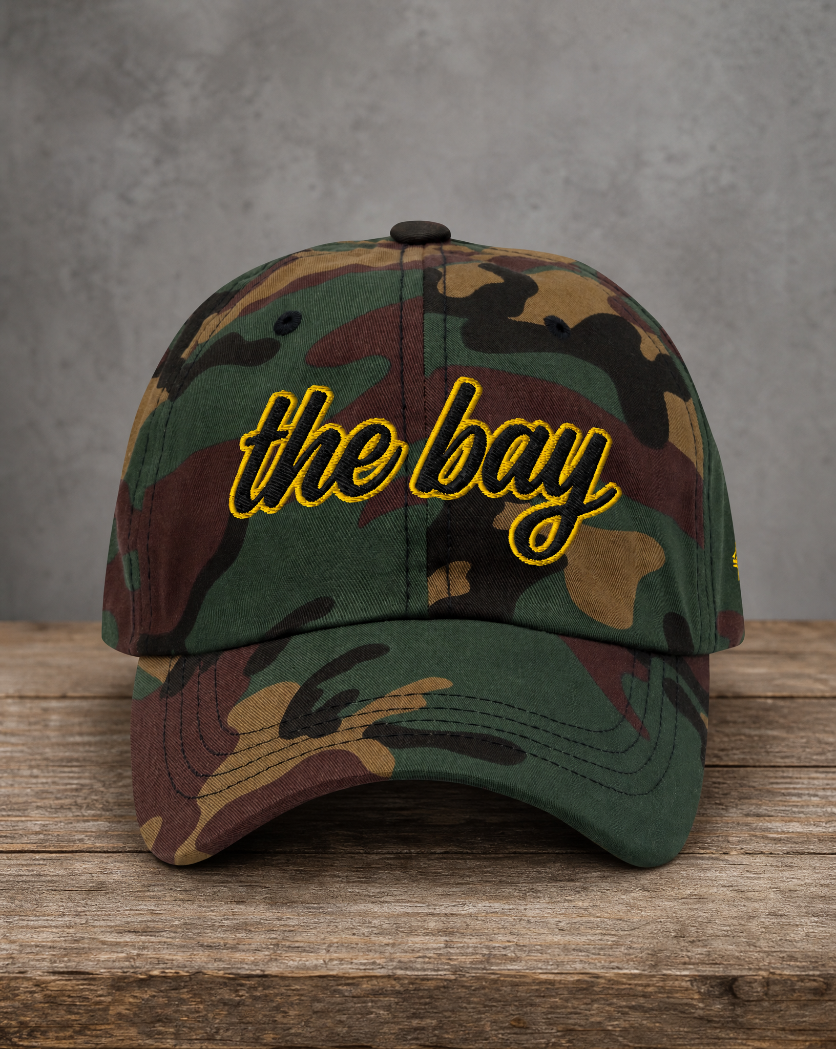 The City Collection The Bay Gold Blooded Basketball camo hat with embroidered lettering