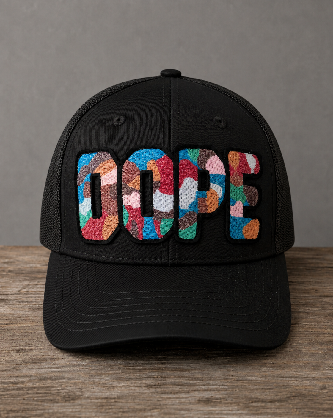 The Onyx Collection Glow in the Dark DOPE black hat with bold handcrafted lettering
