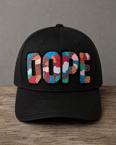 The Onyx Collection Glow in the Dark DOPE black hat with bold handcrafted lettering
