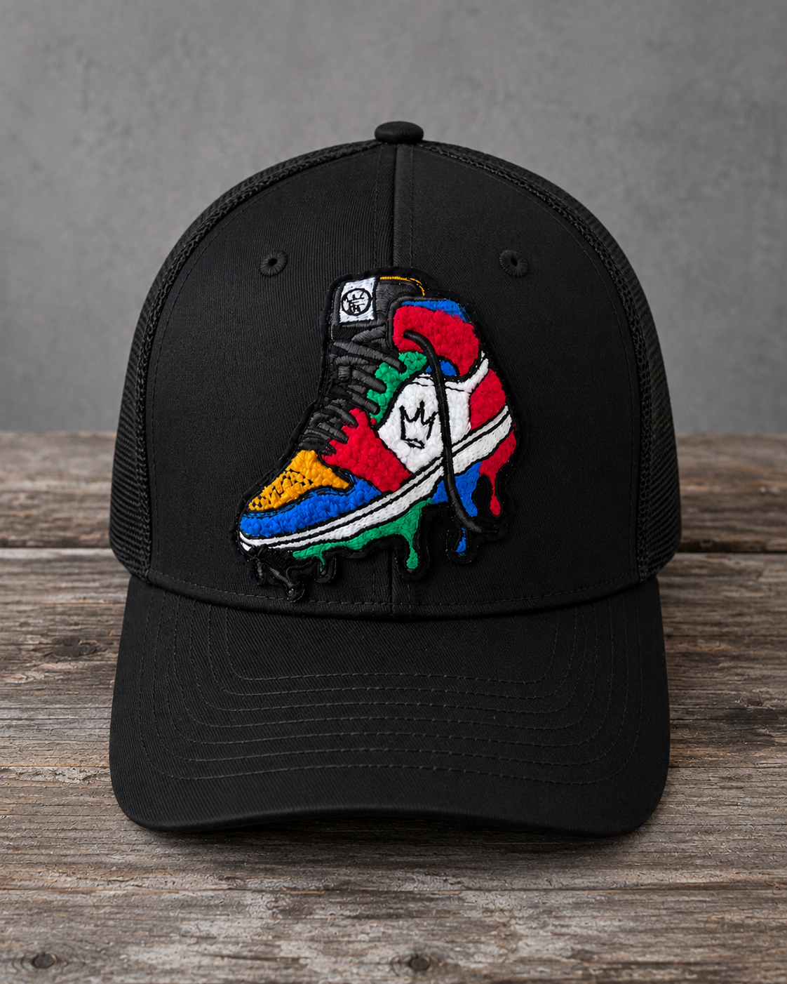 The Onyx Collection Chenille Rebel Sneaker black hat with handcrafted patchwork