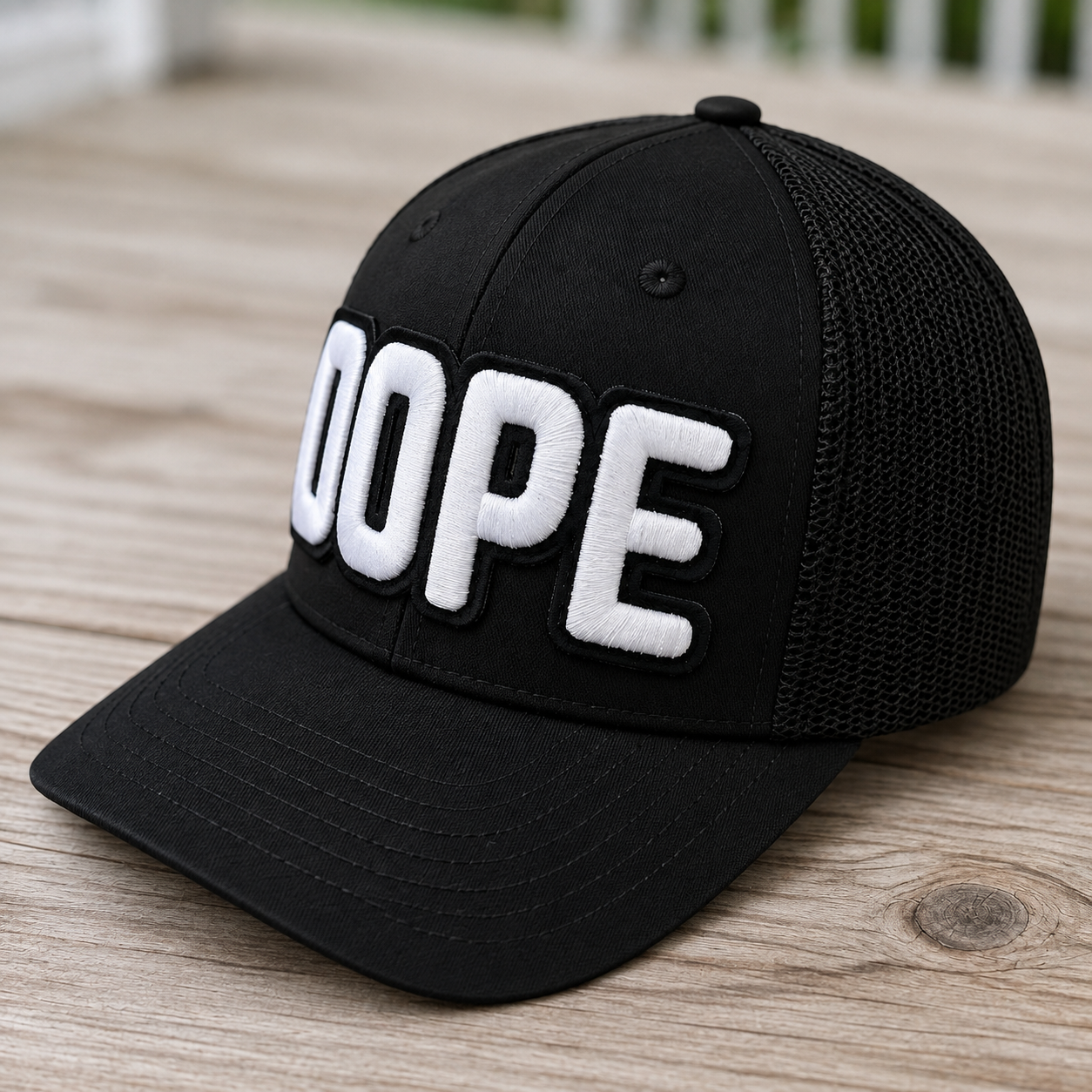 side view The Onyx Collection Glow in the Dark DOPE black hat with bold handcrafted lettering