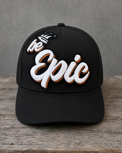 The Onyx Collection Be EPIC black hat with bold handcrafted patchwork