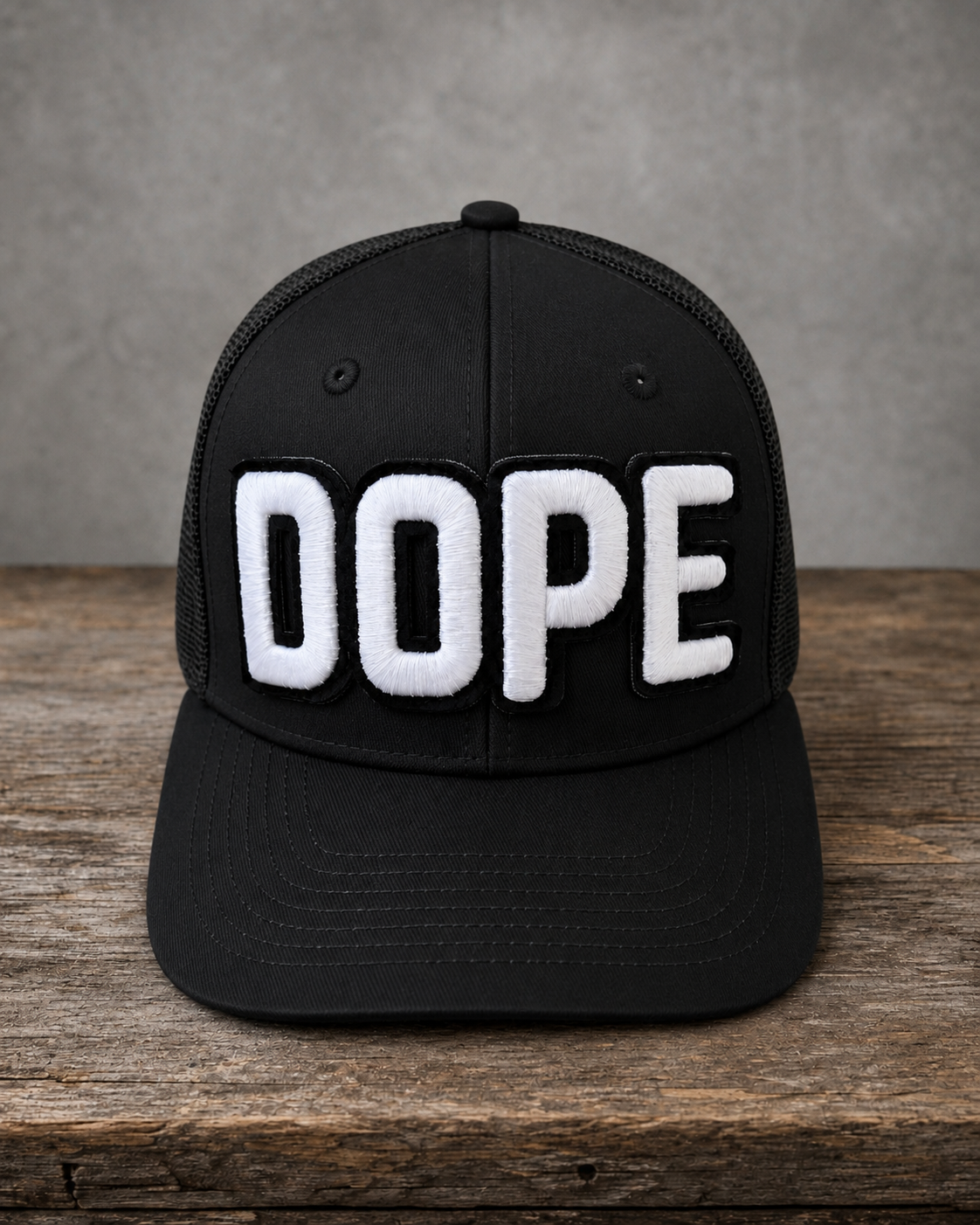 The Onyx Collection Glow in the Dark DOPE black hat with bold handcrafted lettering