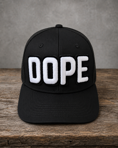 The Onyx Collection Glow in the Dark DOPE black hat with bold handcrafted lettering