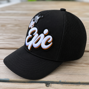 side view The Onyx Collection Be EPIC black hat with bold handcrafted patchwork