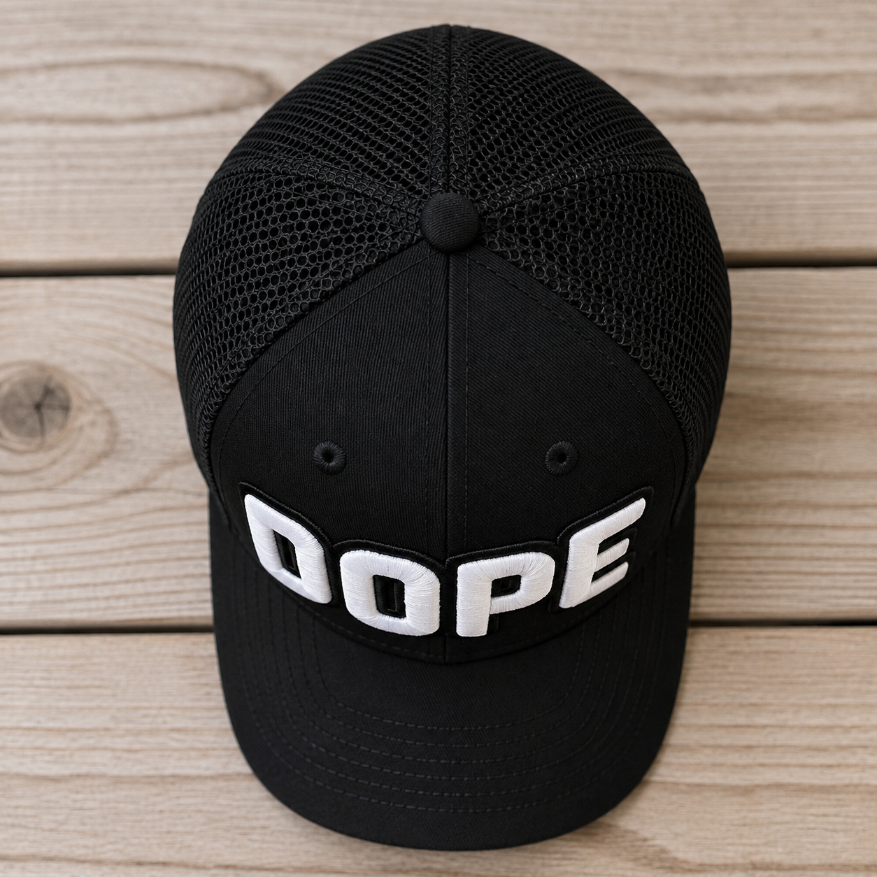 top view The Onyx Collection Glow in the Dark DOPE black hat with bold handcrafted lettering
