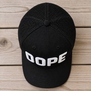 top view The Onyx Collection Glow in the Dark DOPE black hat with bold handcrafted lettering