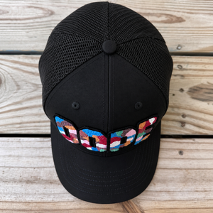 top view The Onyx Collection Glow in the Dark DOPE black hat with bold handcrafted lettering