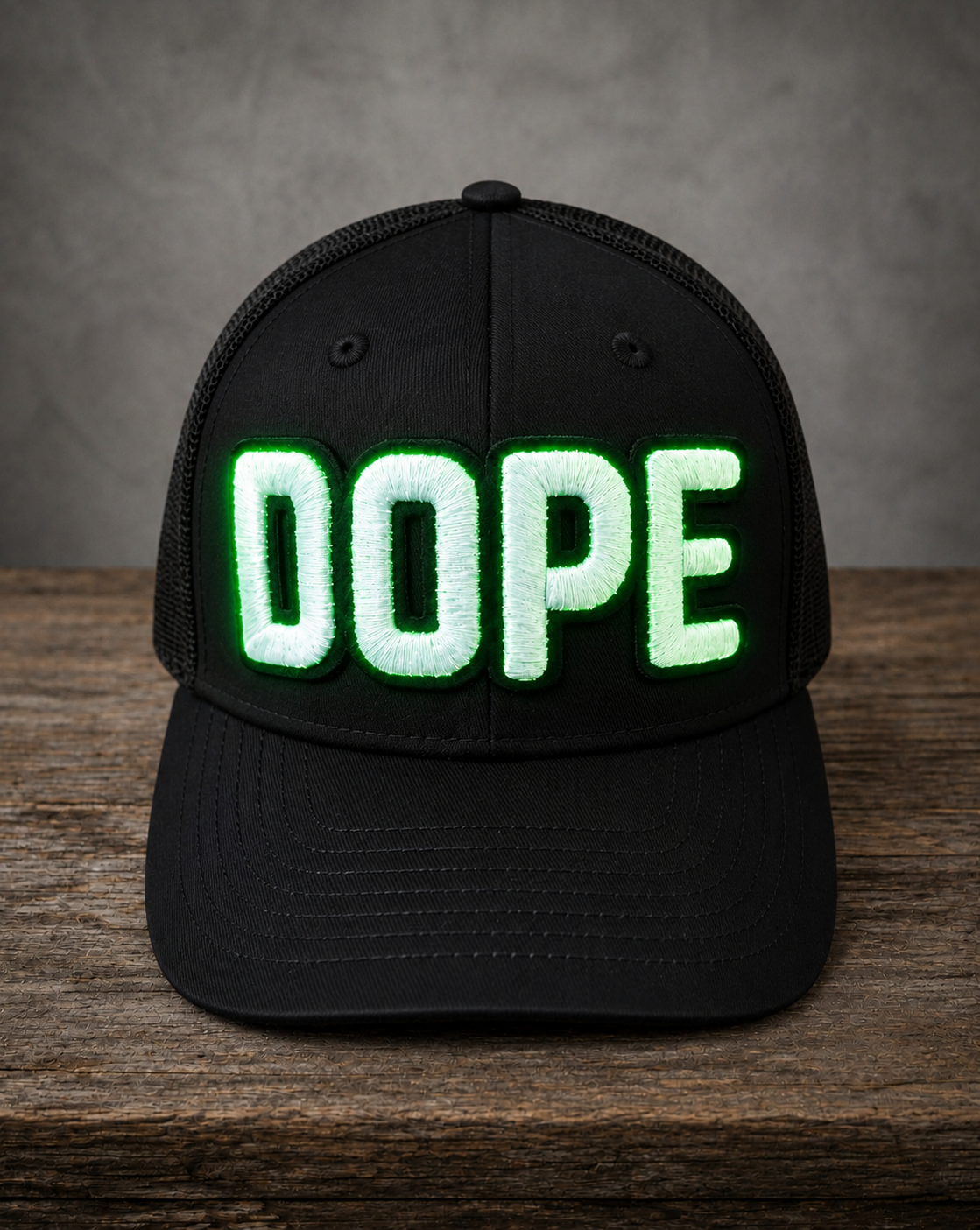 Glow The Onyx Collection Glow in the Dark DOPE black hat with bold handcrafted lettering
