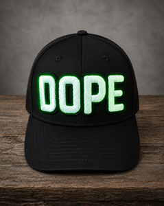 Glow The Onyx Collection Glow in the Dark DOPE black hat with bold handcrafted lettering