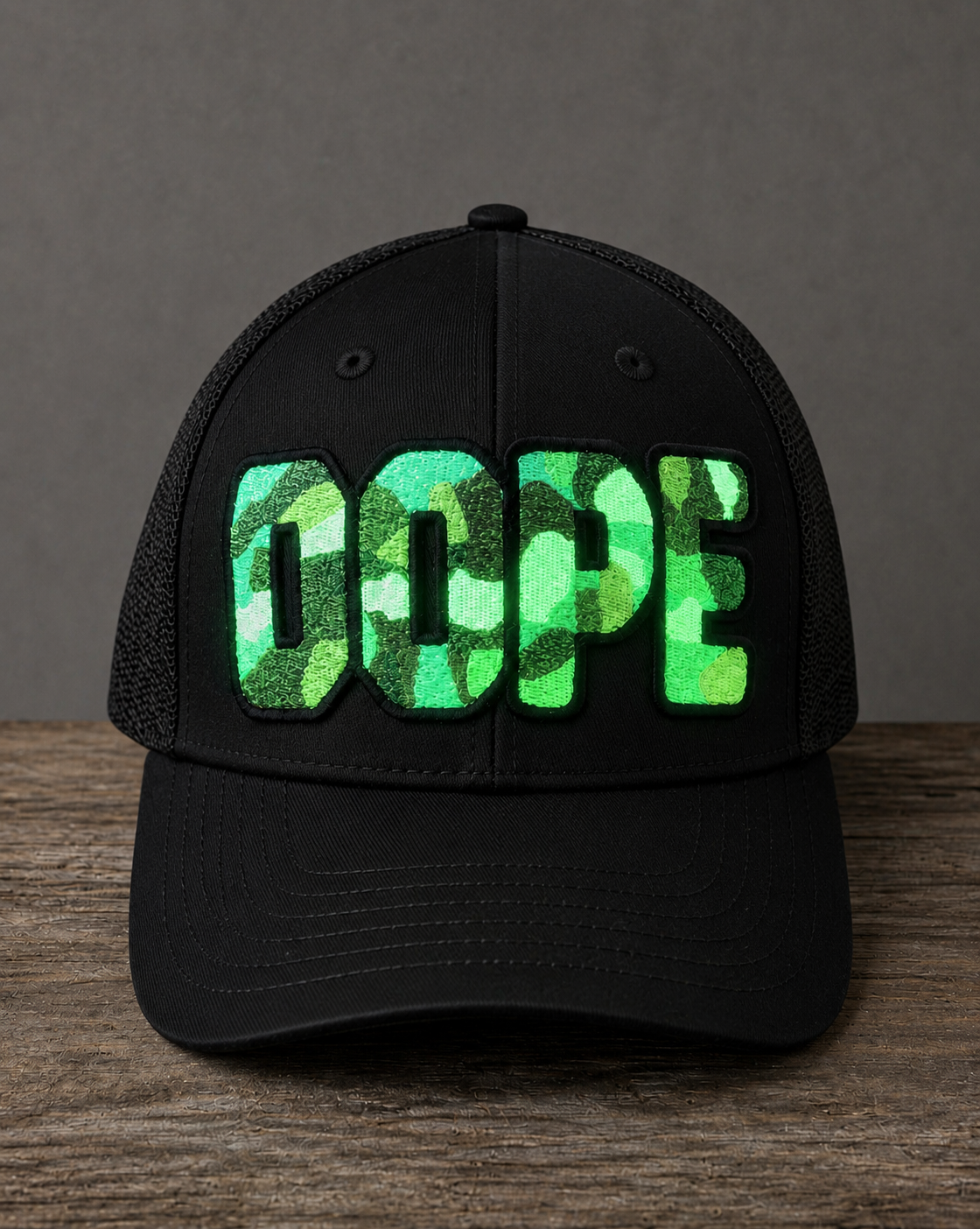 Glow The Onyx Collection Glow in the Dark DOPE black hat with bold handcrafted lettering