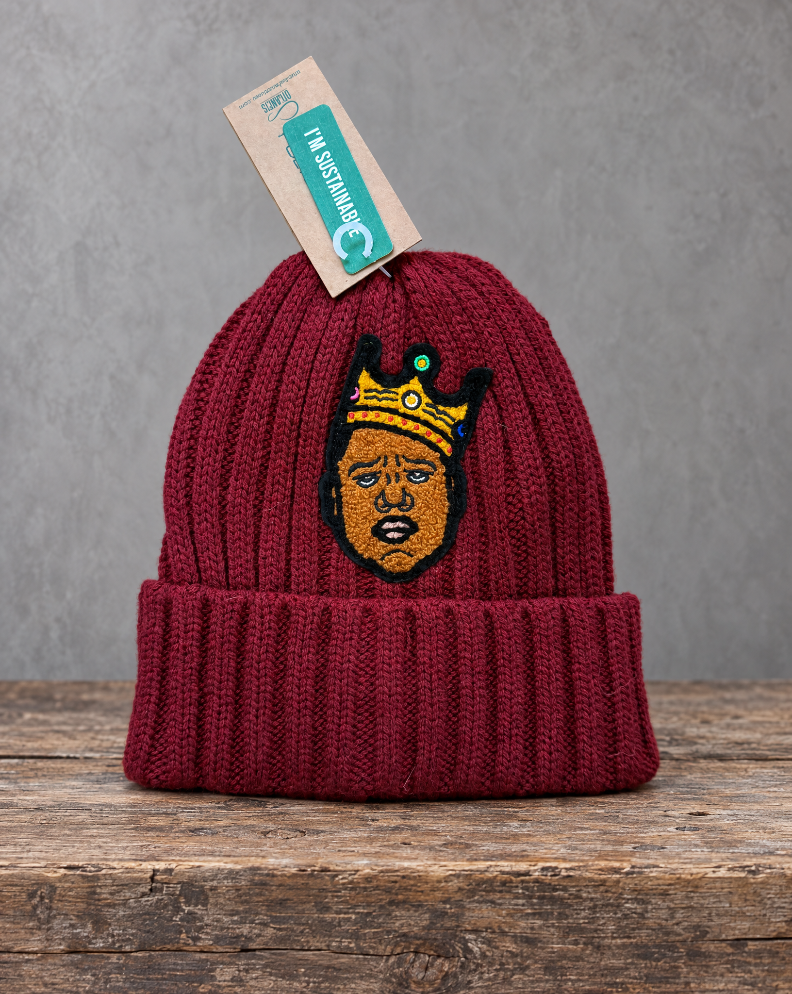 Chenille Biggie Burgundy Beanie with bold chenille patch detail