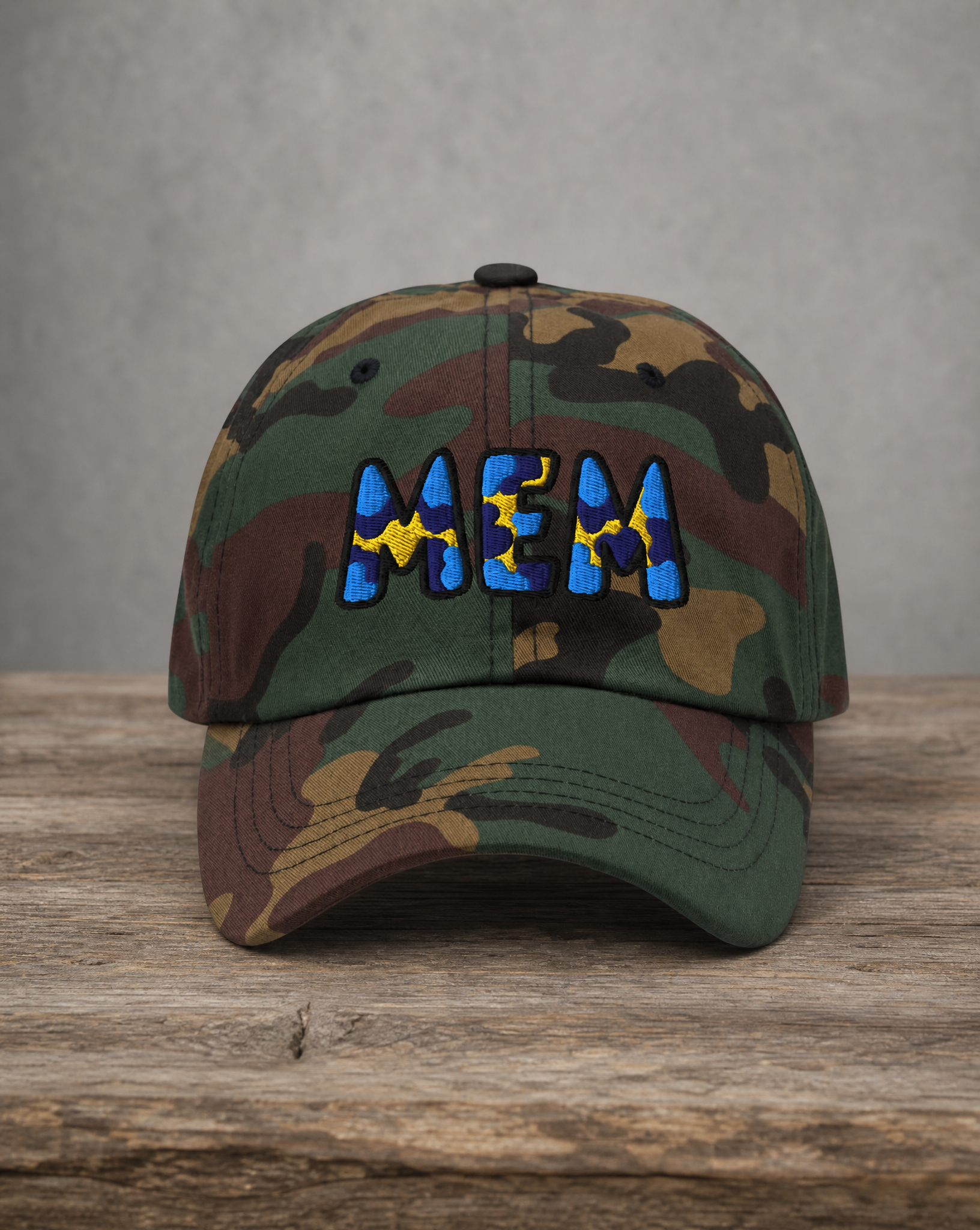 The City Collection MEM Basketball camo hat with oversized embroidered lettering