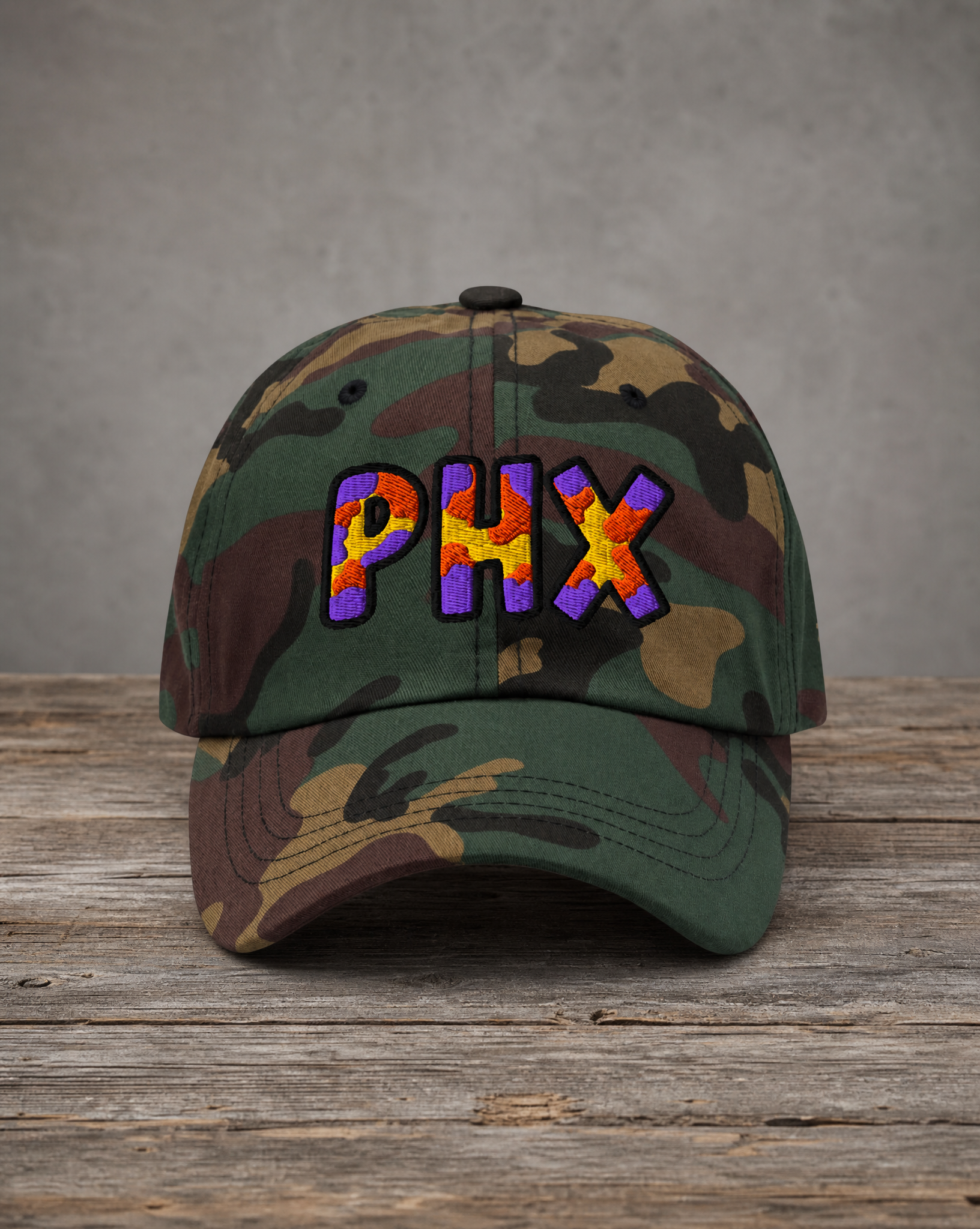 The City Collection PHX Basketball camo hat with oversized embroidered lettering